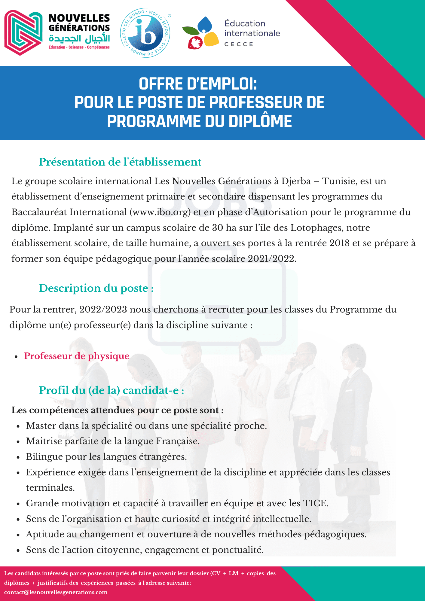 Offre d’emploi: Pour le poste d’un professeur de science physique