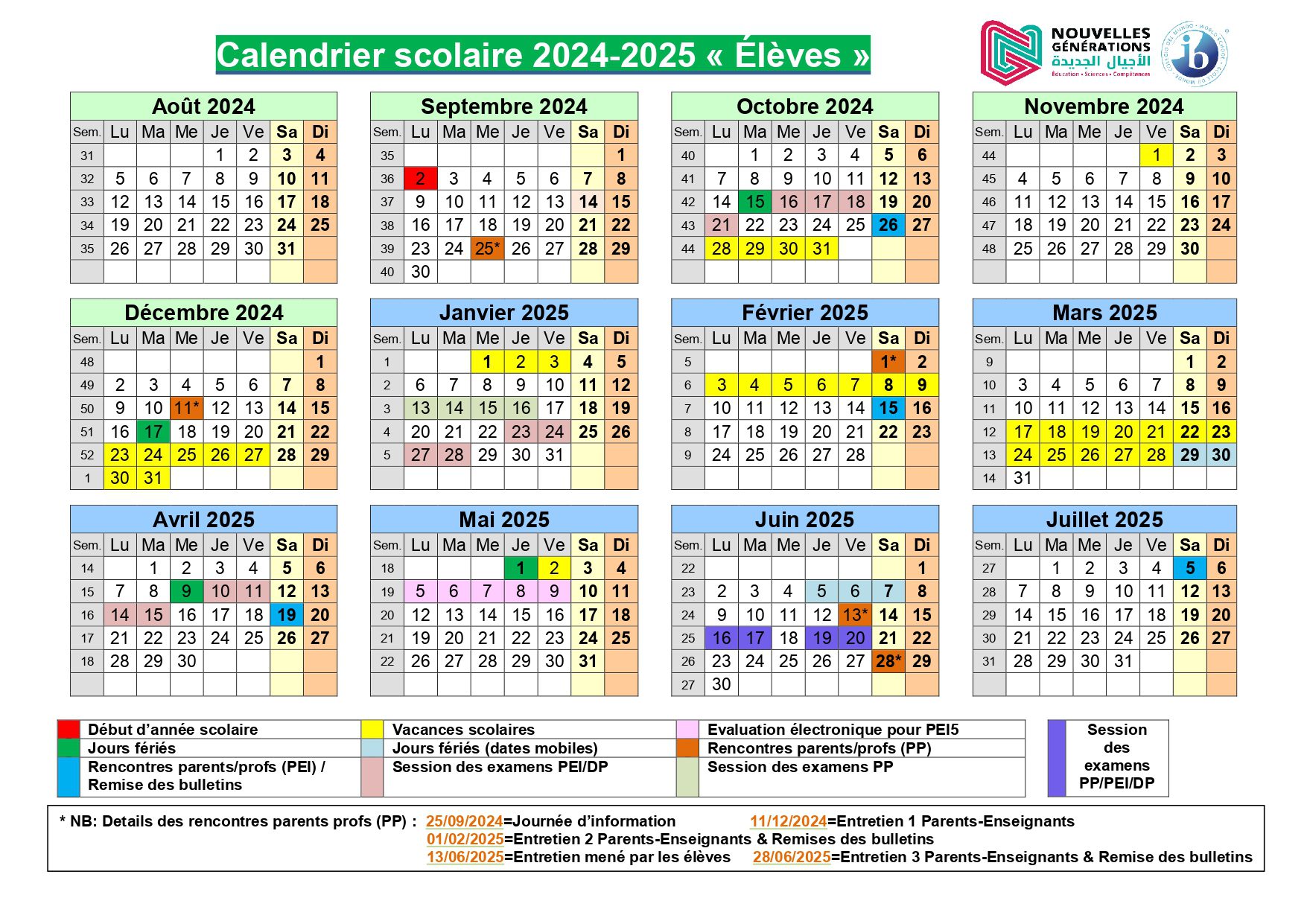 Calendrier Scolaire - Les Nouvelles Générations
